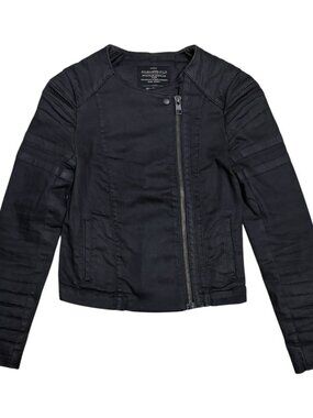All Saints Denim Jean Jacket Luxury Cropped Black Moto Coat Womens Size 0
